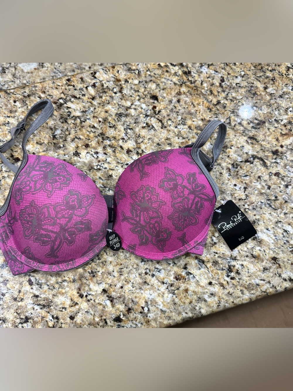 Rene Rofe Magenta Bra with Gray Floral Overlay